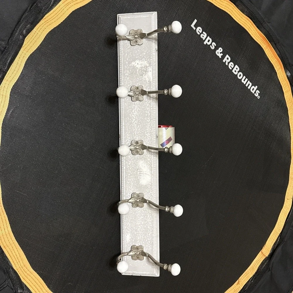 White Wood Wall CoatRack 5 Double Hooks Ceramic Knobs Shabby Chic 24